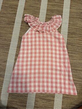 Pink Gingham Ruffle Neck Kids Casual Dress